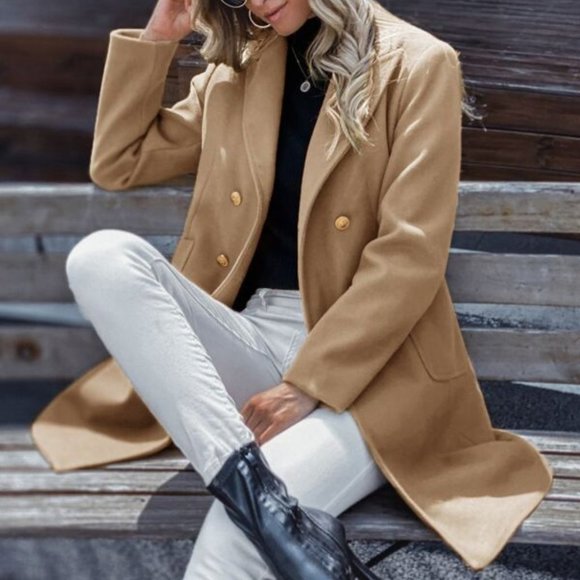 Classic tan button double breast trench pea coat - Picture 3 of 6